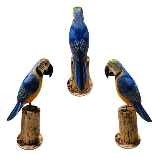 handgemaakte houten papegaai op stam (ara) blauw