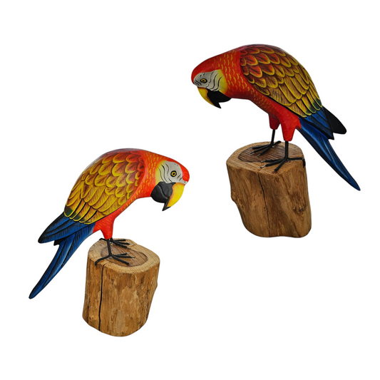 handgemaakte houten papegaai op stam (ara) rood