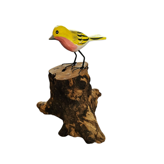 vogeltjes op stam (kanarie, roodborstje, pimpelmees)
